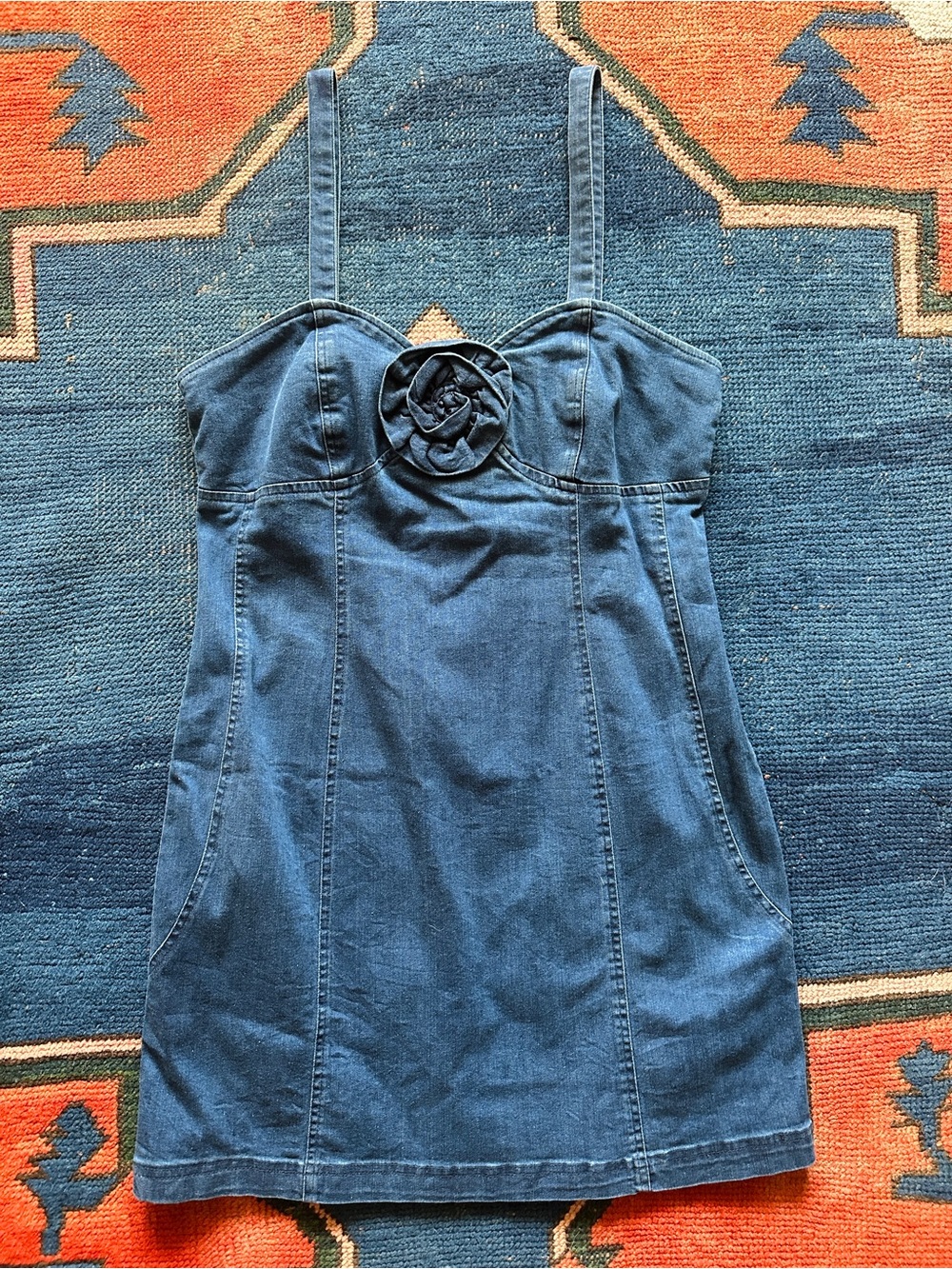 Anthropologie Strapless Blue Denim Mini Dress with Rosette Detail